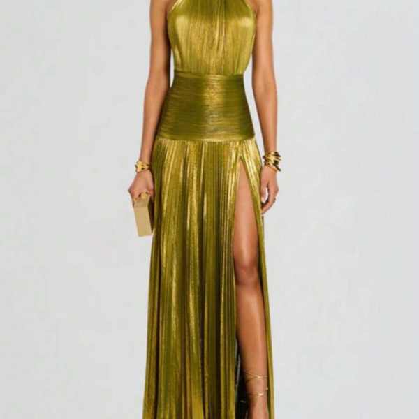 Women’s Olive Green Halter Sequin Split Midi Dress