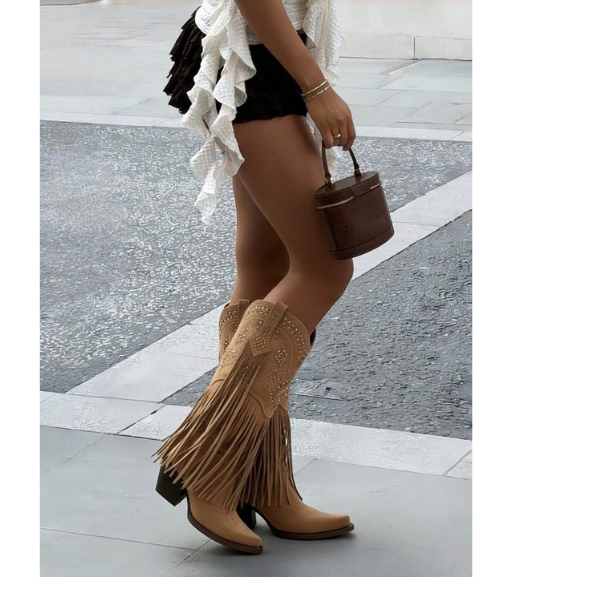 Women’s Knee High Rhinestone Fringe Western Boots – Chunky Heel, Pointed Toe, Wide Calf spring 2026 collection