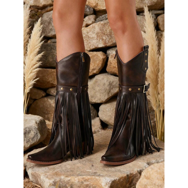 Women’s Brown Western Mid-Calf Boots Pointed Toe Chunky Heel Side Zipper spring 2026 collection