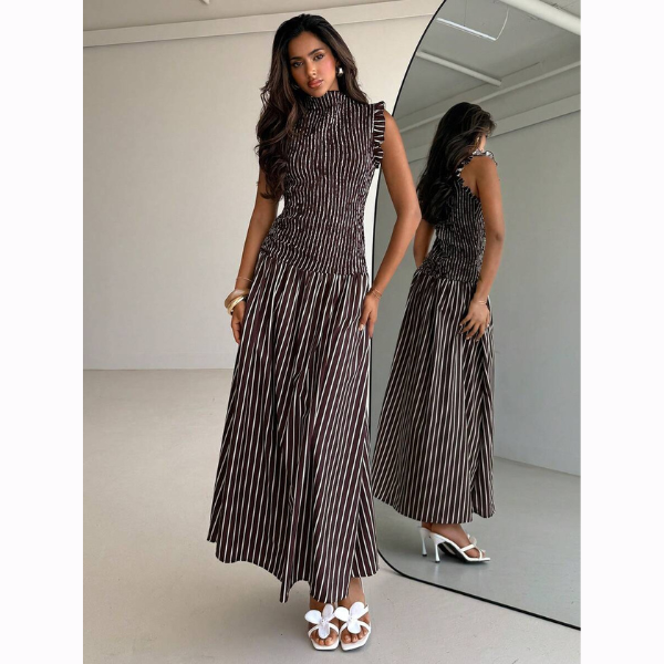 Women’s Coffee Striped Sleeveless A-Line Maxi Dress