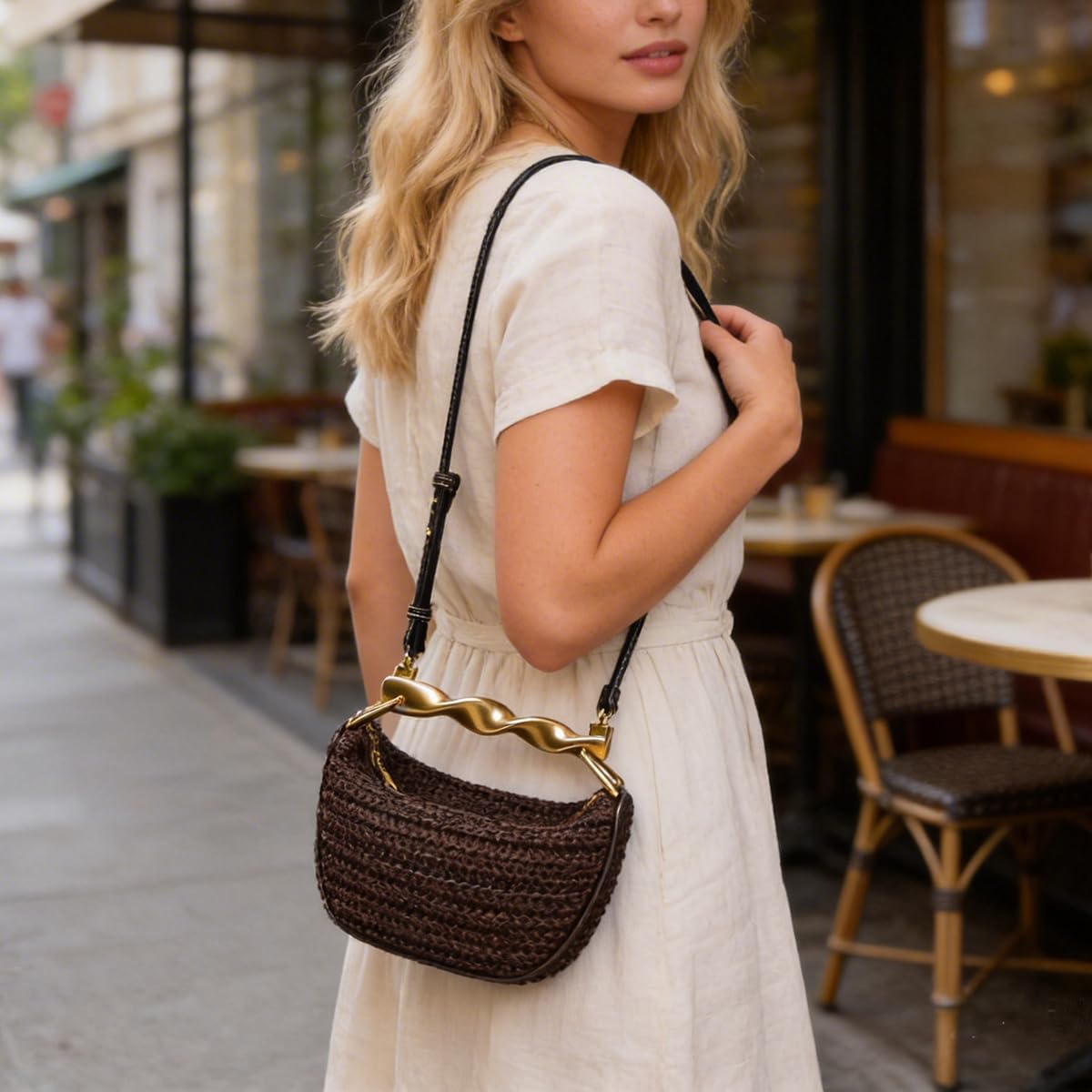 Women’s Mini Straw Crossbody Bag Woven Summer Satchel with Dual Straps Coffee
