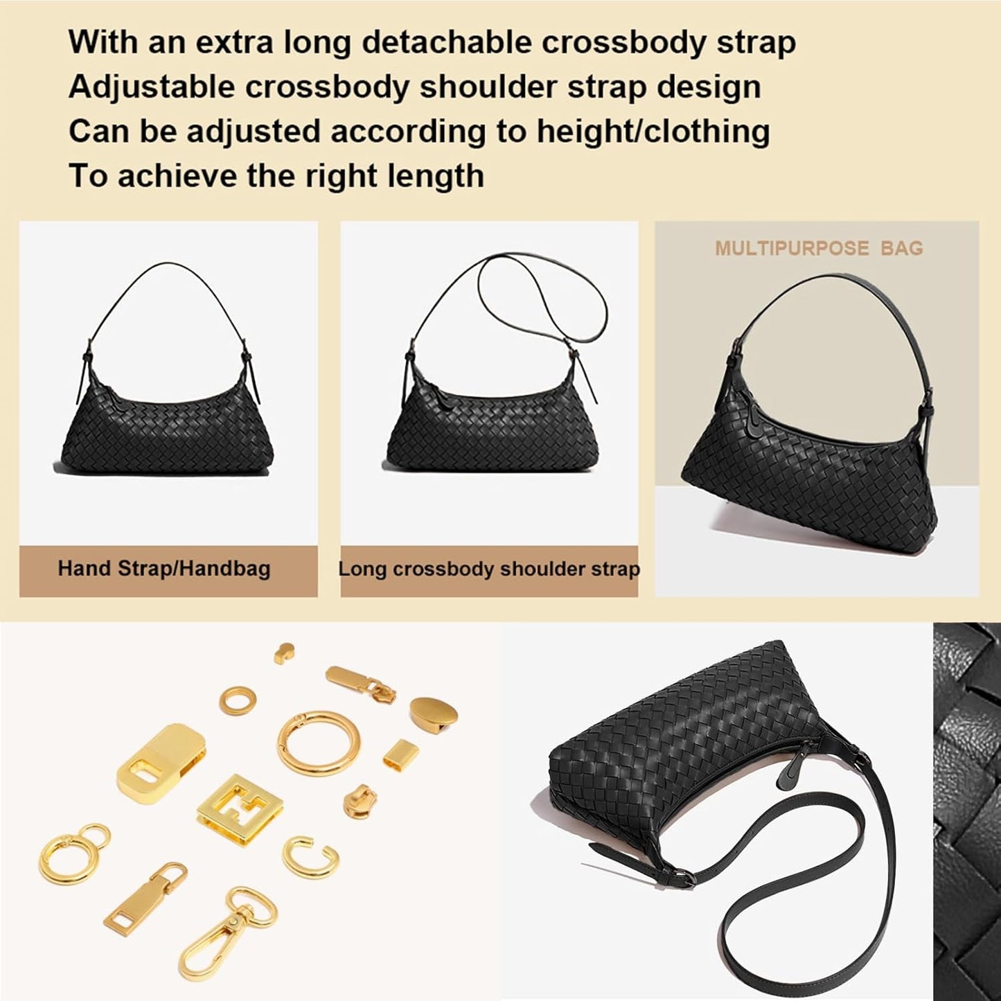 Women’s Woven Crossbody Shoulder Bag Small Faux Leather Hobo Purse Apricot