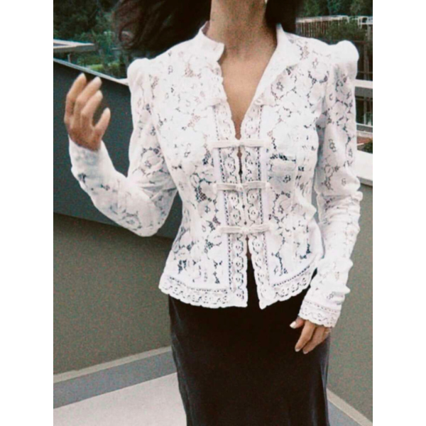 Women’s Lace Split Blouse Long Sleeve Elegant Sheer Floral Top Slim Fit spring 2026 collection