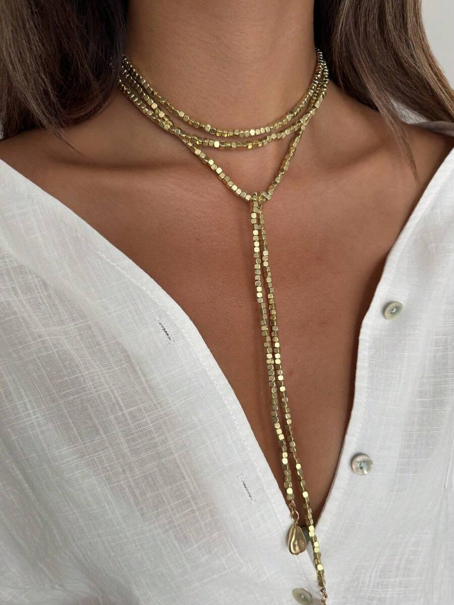 Women’s Long Tassel Necklace CZ Faux Pearl Beaded Pendant Gold spring 2026 collection