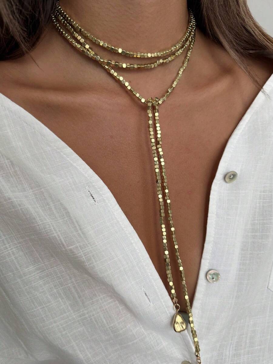 Women’s Long Tassel Necklace CZ Faux Pearl Beaded Pendant Gold spring 2026 collection