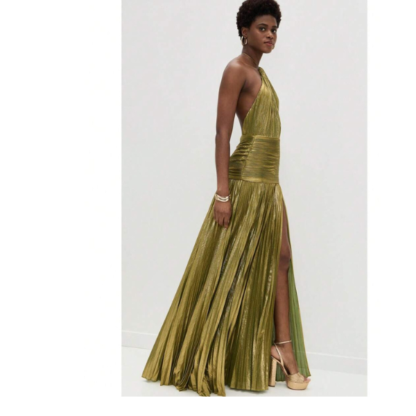 Women’s Olive Green Halter Sequin Split Midi Dress