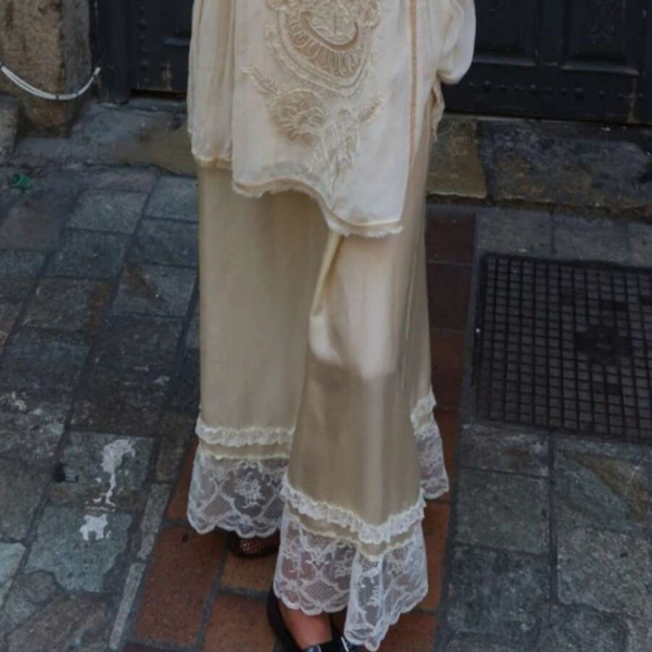 Women’s Champagne Lace Patchwork Satin Midi Skirt with Elastic Waist spring 2026 collection