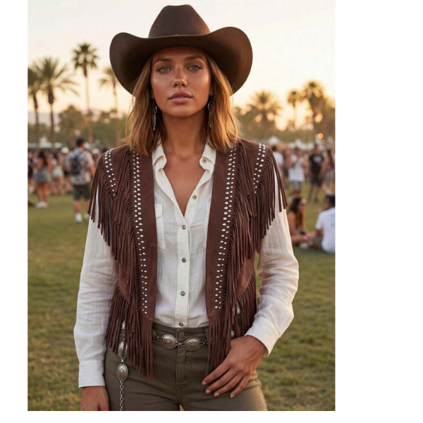 Women’s Leather-Studded Suede Knitted Pullover Jacket – 1970s Hippie Style Sleeveless Buttoned Fringed Pullover with Western-Style Collar Design