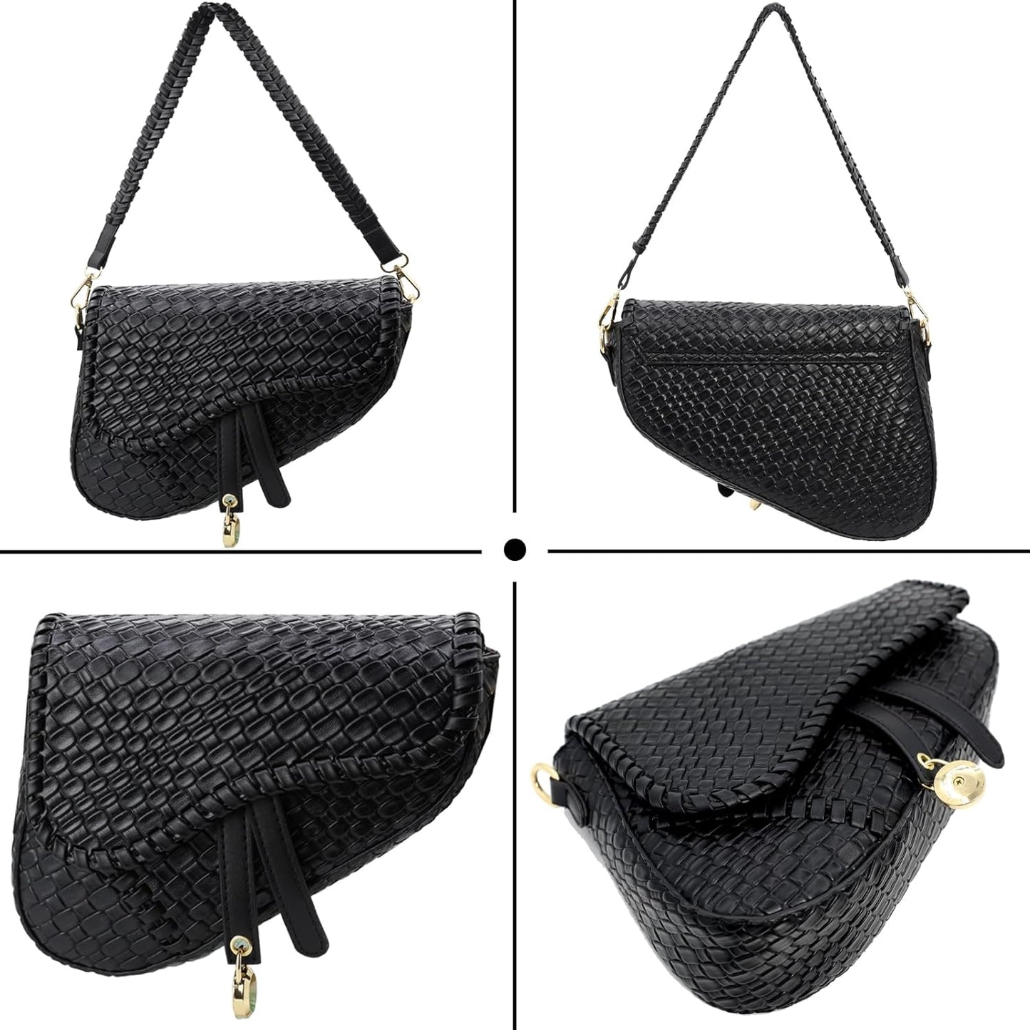 Women’s Saddle Crossbody Bag Woven Croc PU Leather Shoulder Satchel Black