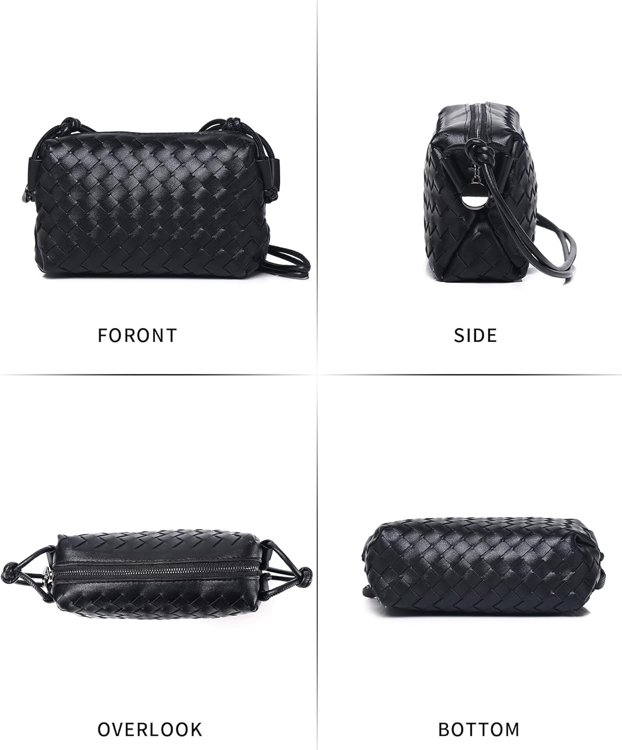 Women’s Woven Crossbody Bag Vegan Leather Shoulder Purse Zipper Black