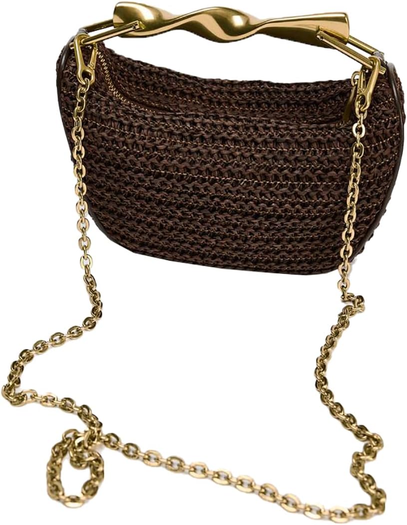 Women’s Mini Straw Crossbody Bag Woven Summer Satchel with Dual Straps Coffee
