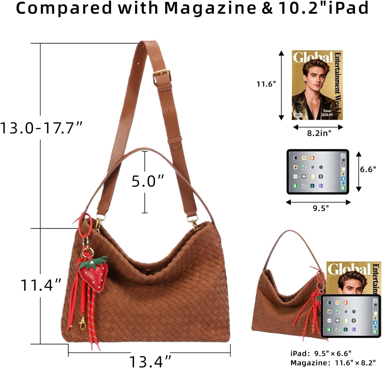 Women’s Woven Suede Hobo Shoulder Bag Slouchy Tote Crossbody Brown