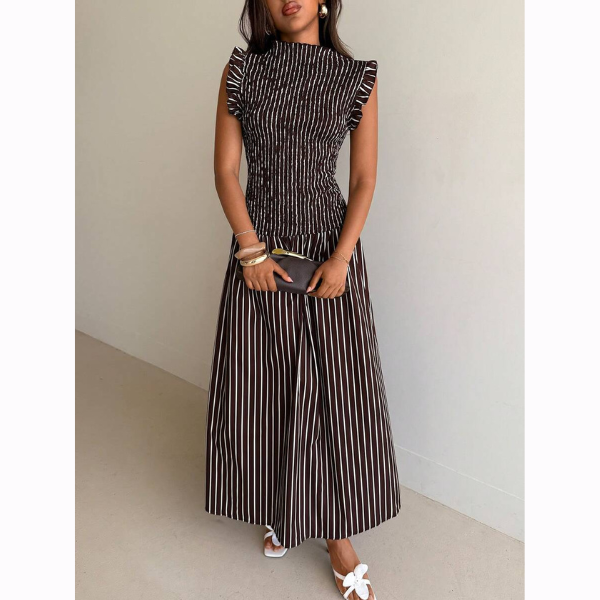 Women’s Coffee Striped Sleeveless A-Line Maxi Dress