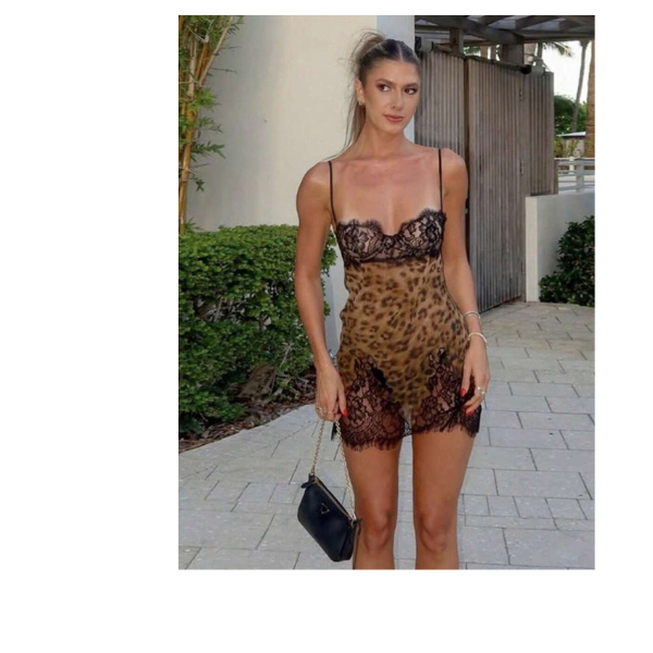 Sultry Leopard Print Lace Slip Dress – Sexy Open Back with Lace Panels