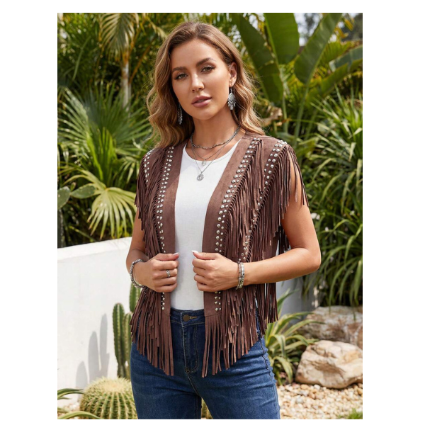 Women’s Leather-Studded Suede Knitted Pullover Jacket – 1970s Hippie Style Sleeveless Buttoned Fringed Pullover with Western-Style Collar Design