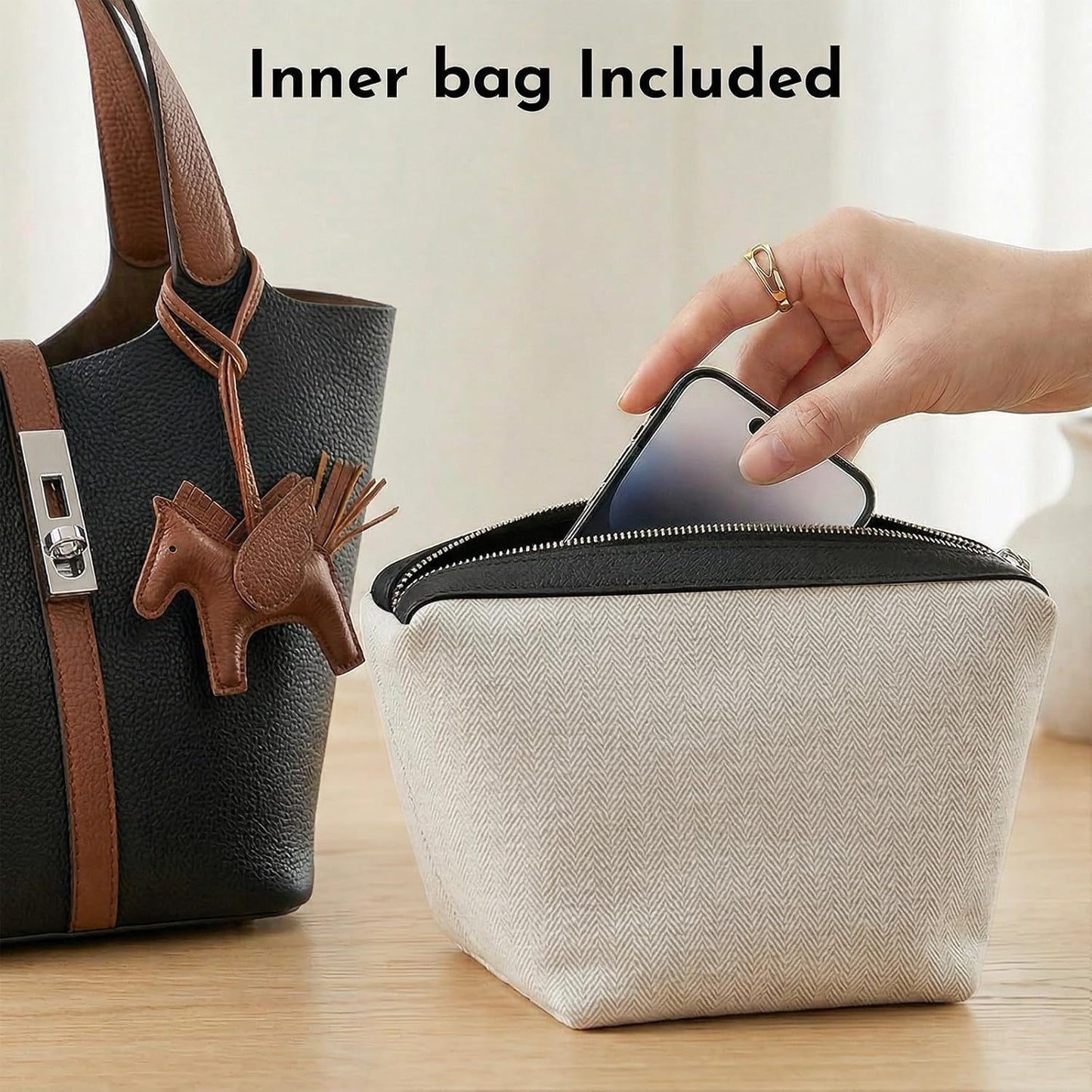 Women’s Vegan Leather Bucket Bag Top Handle Shoulder Tote with Pouch Khaki