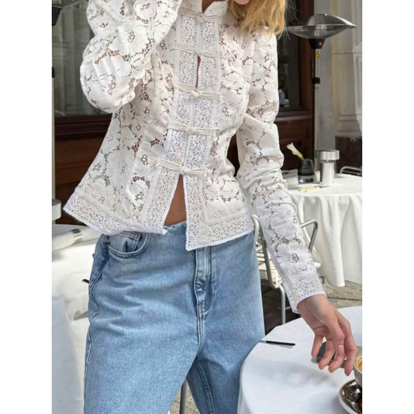 Women’s Lace Split Blouse Long Sleeve Elegant Sheer Floral Top Slim Fit spring 2026 collection