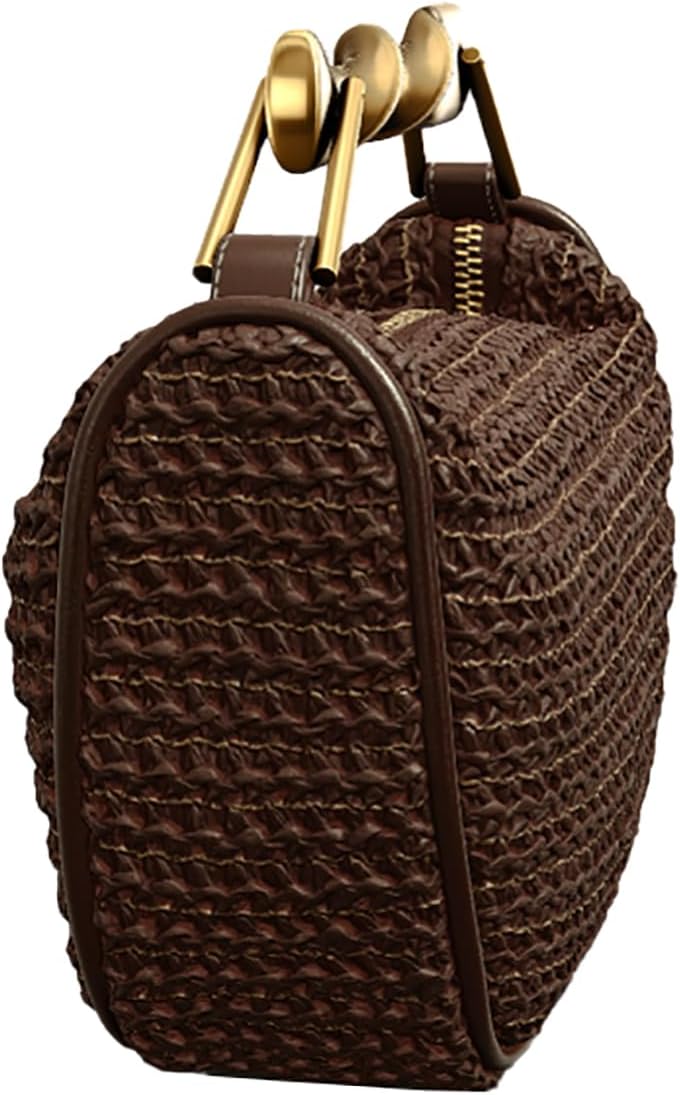 Women’s Mini Straw Crossbody Bag Woven Summer Satchel with Dual Straps Coffee