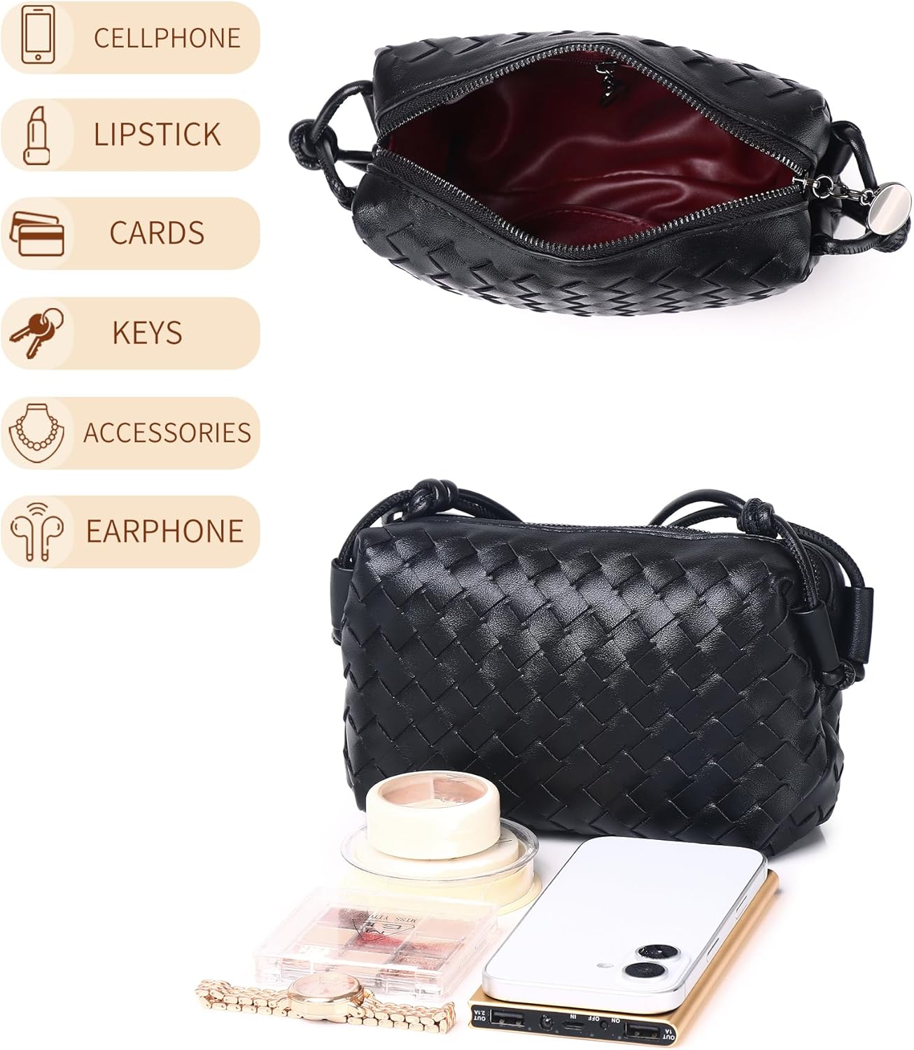 Women’s Woven Crossbody Bag Vegan Leather Shoulder Purse Zipper Black