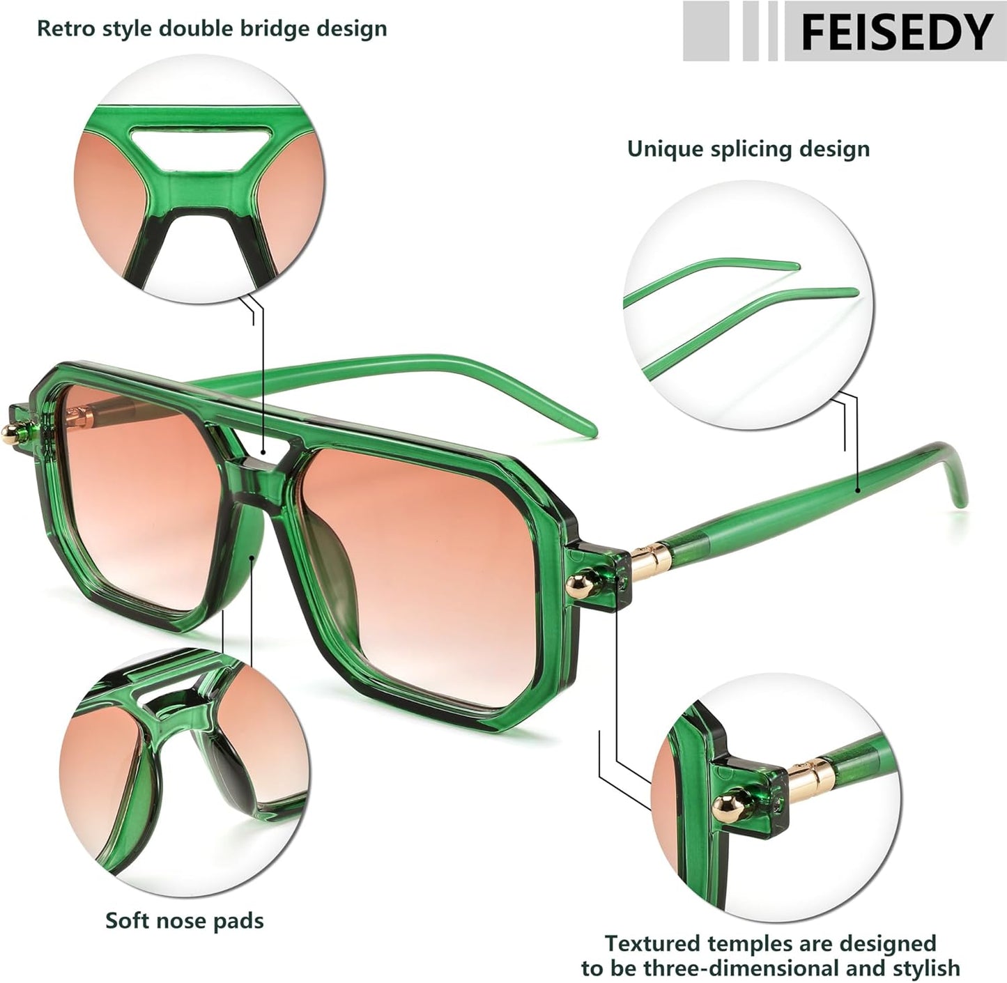 Retro Square Aviator Sunglasses Unisex 70s Style UV400 Gradient Lens