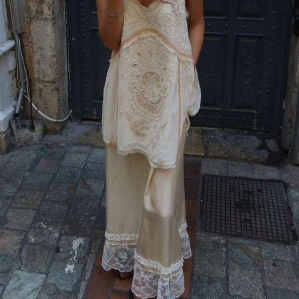 Women’s Champagne Lace Patchwork Satin Midi Skirt with Elastic Waist spring 2026 collection