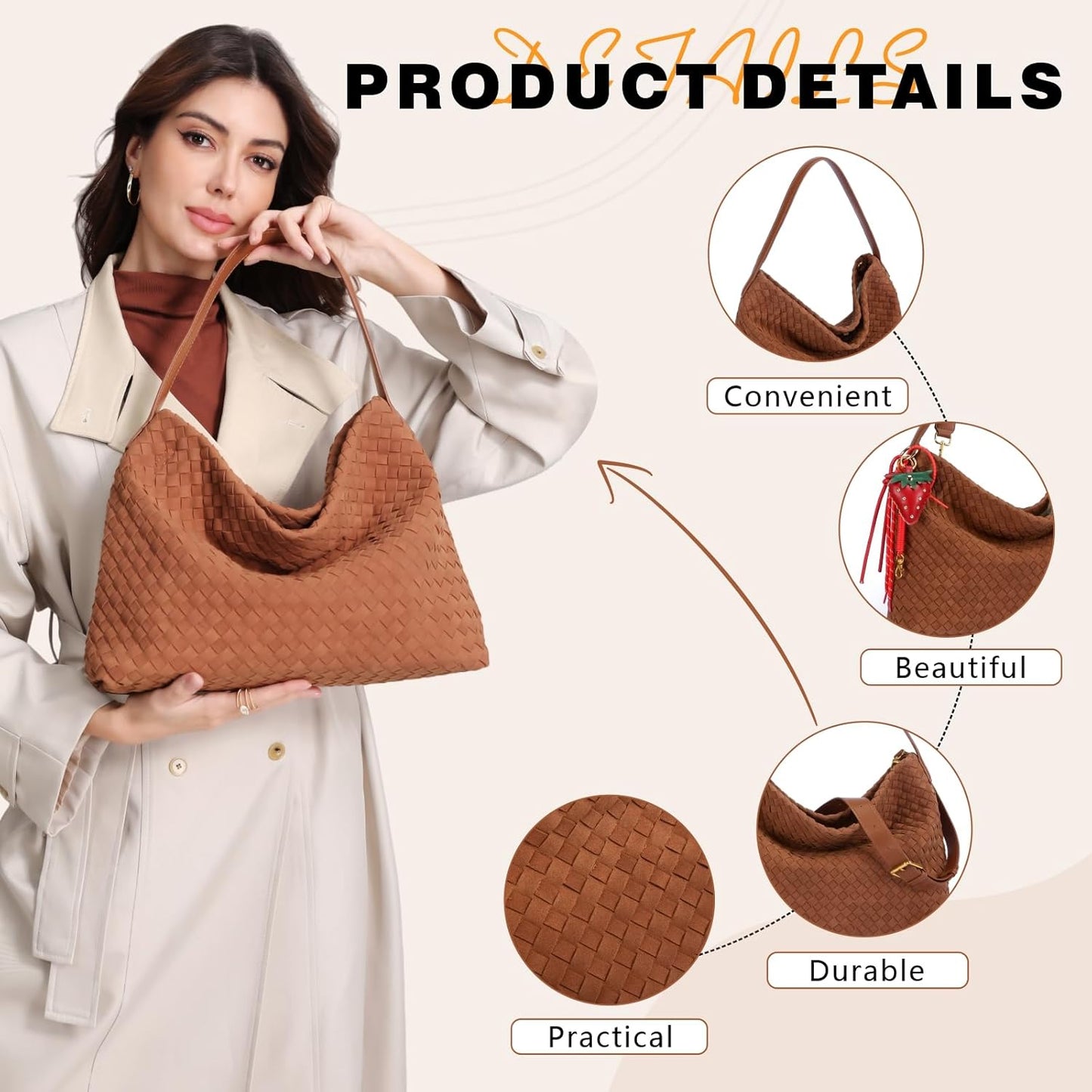 Women’s Woven Suede Hobo Shoulder Bag Slouchy Tote Crossbody Brown