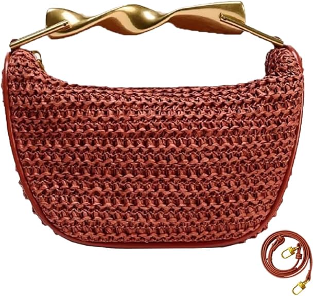 Women’s Mini Straw Crossbody Bag Woven Summer Satchel with Dual Straps Coffee