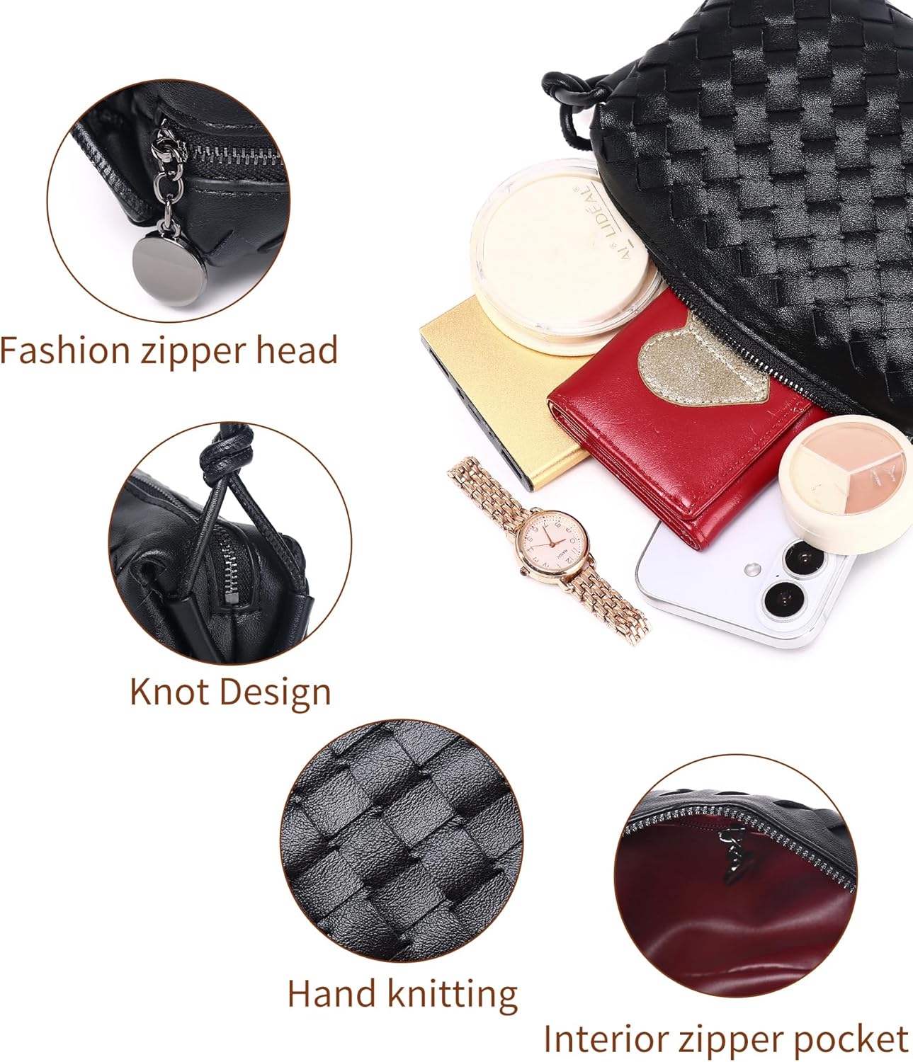 Women’s Woven Crossbody Bag Vegan Leather Shoulder Purse Zipper Black