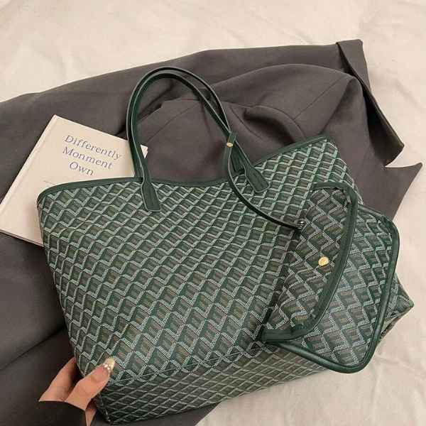 2pcs/Set Large Capacity Patchwork Tote Bags – Green Geometric Design, Ideal for Travel, Shopping, and Daily Use spring 2026 collection