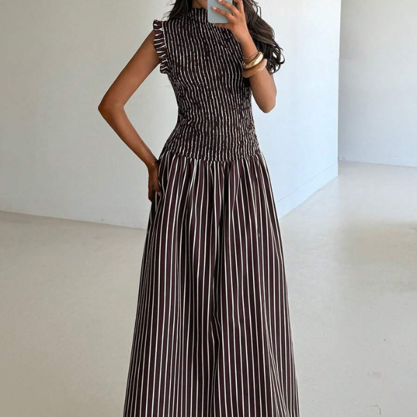Women’s Coffee Striped Sleeveless A-Line Maxi Dress