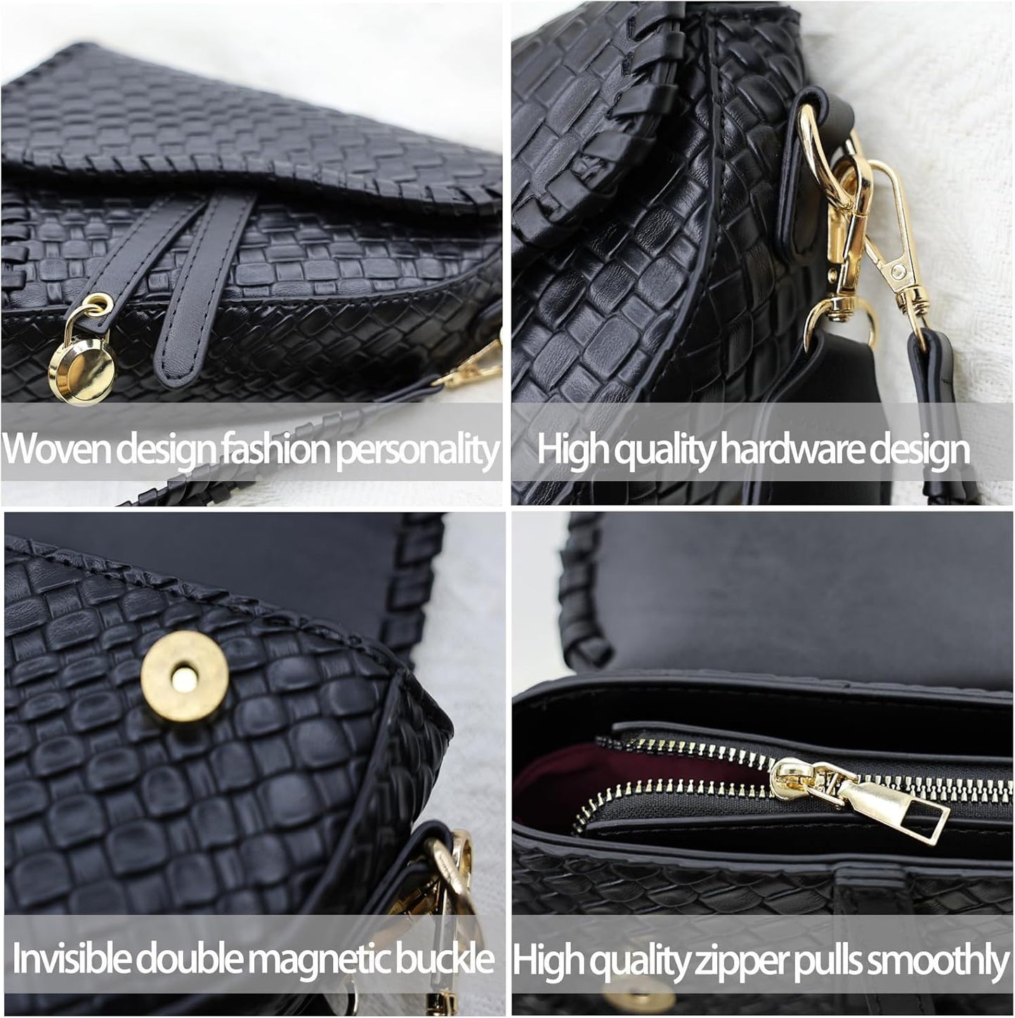 Women’s Saddle Crossbody Bag Woven Croc PU Leather Shoulder Satchel Black