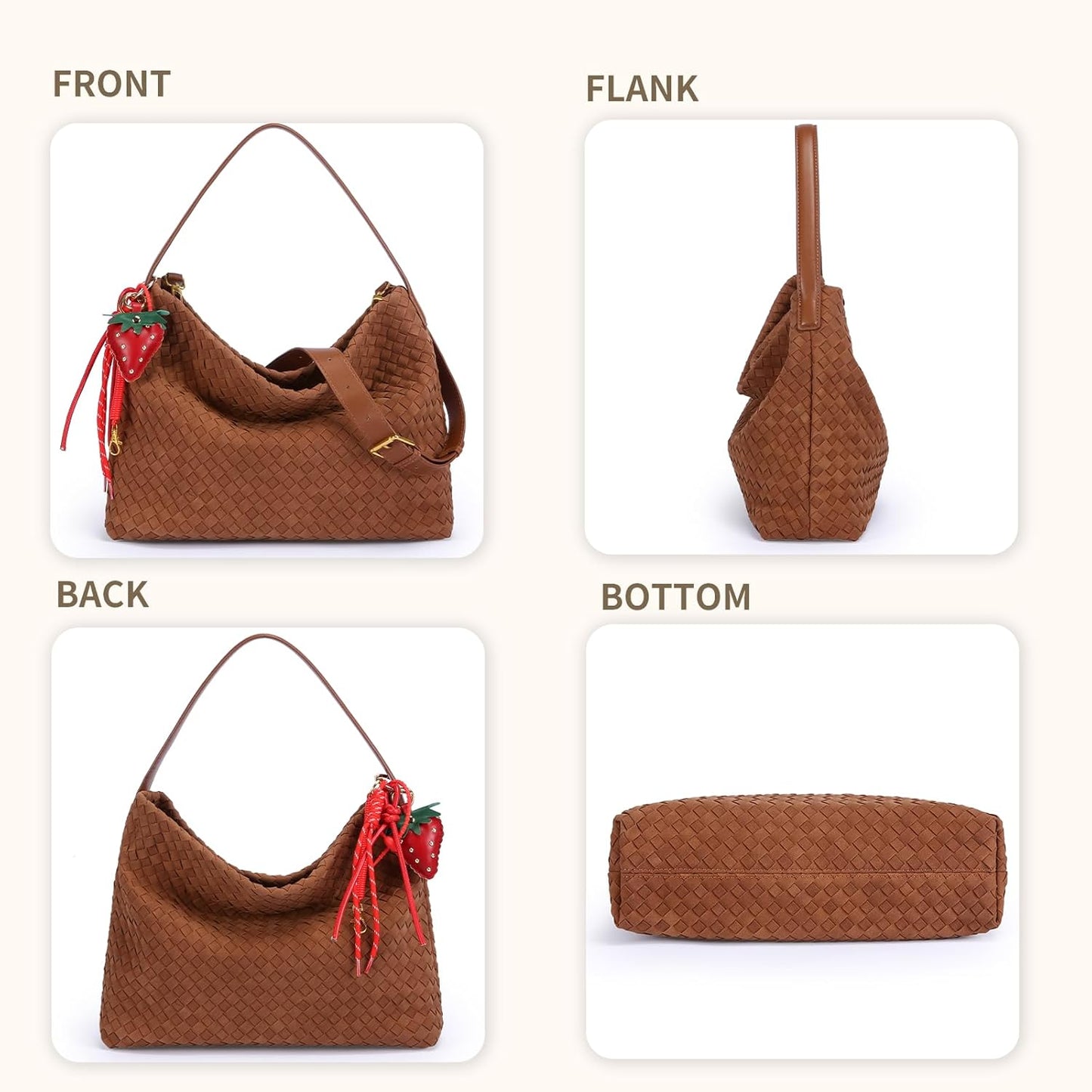 Women’s Woven Suede Hobo Shoulder Bag Slouchy Tote Crossbody Brown