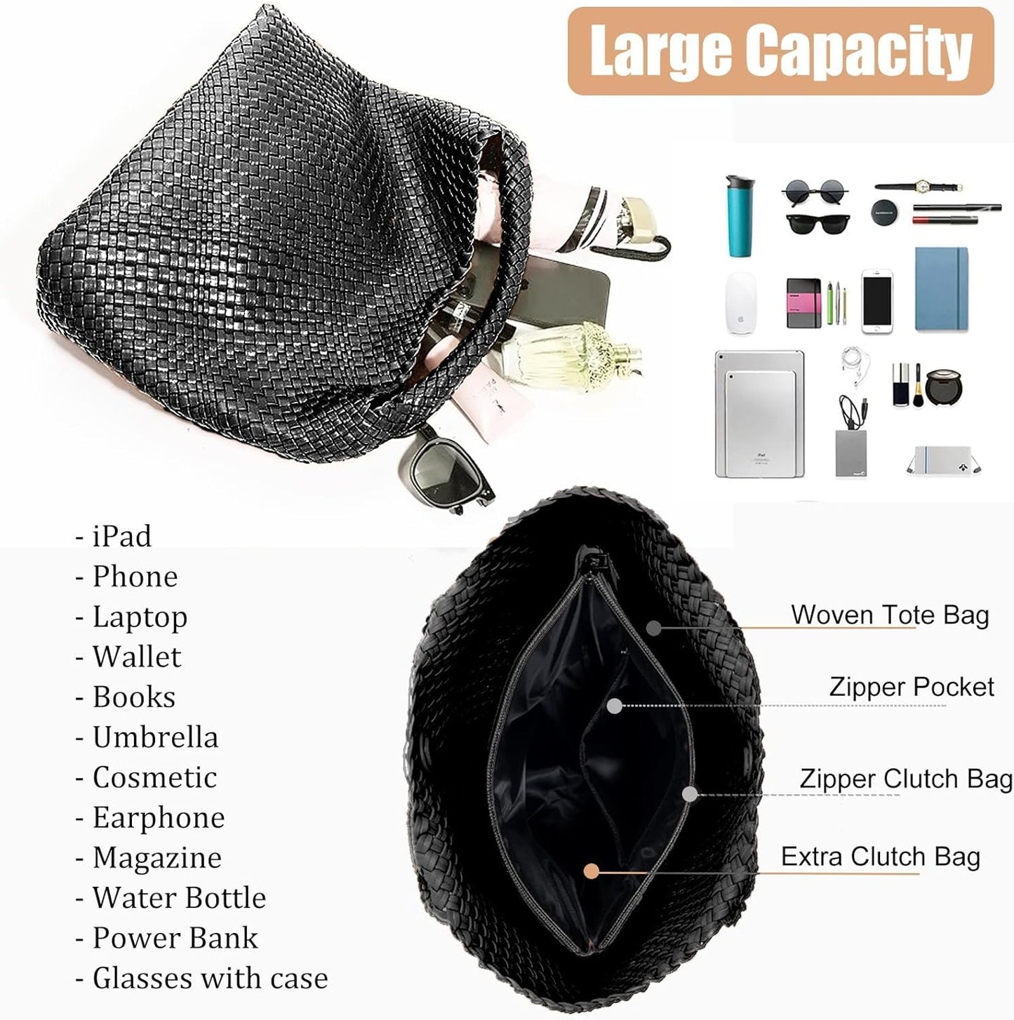 Women’s Woven Tote Bag with Pouch Large Capacity Hobo Shoulder Bag Silver spring 2026 collection