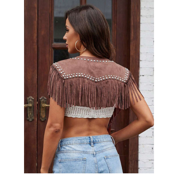 Women’s Leather-Studded Suede Knitted Pullover Jacket – 1970s Hippie Style Sleeveless Buttoned Fringed Pullover with Western-Style Collar Design