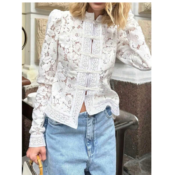Women’s Lace Split Blouse Long Sleeve Elegant Sheer Floral Top Slim Fit spring 2026 collection