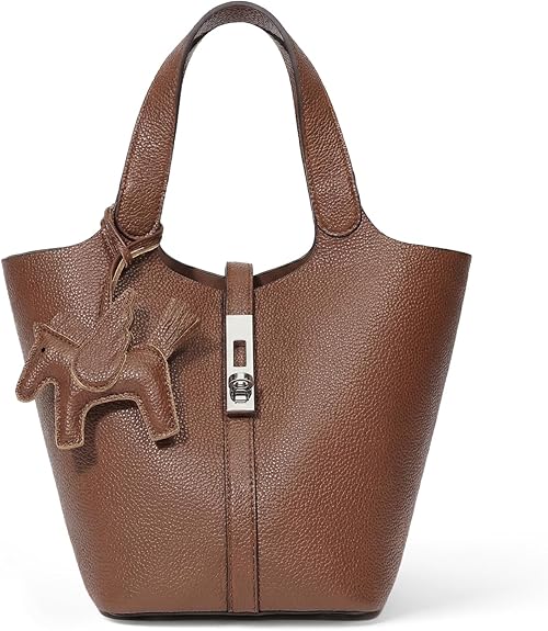 Women’s Vegan Leather Bucket Bag Top Handle Shoulder Tote with Pouch Khaki
