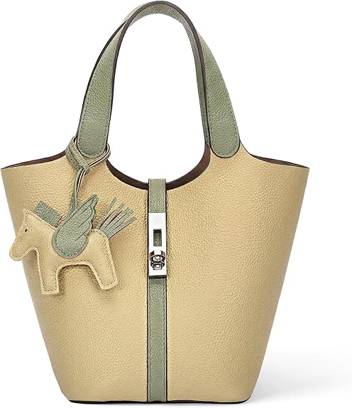 Women’s Vegan Leather Bucket Bag Top Handle Shoulder Tote with Pouch Khaki