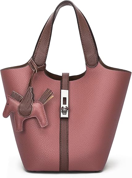 Women’s Vegan Leather Bucket Bag Top Handle Shoulder Tote with Pouch Khaki