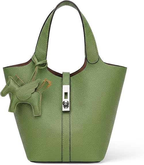 Women’s Vegan Leather Bucket Bag Top Handle Shoulder Tote with Pouch Khaki