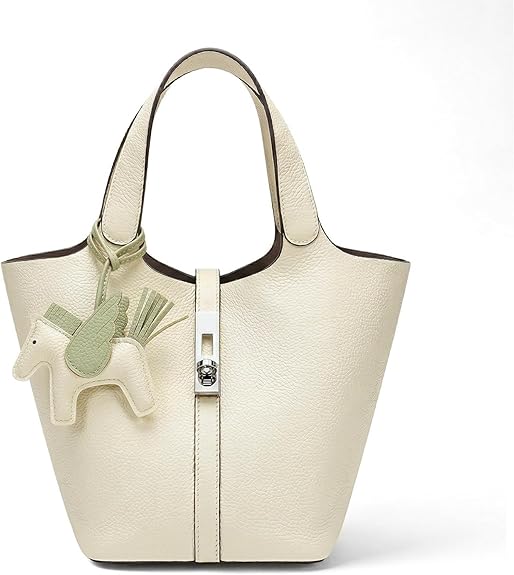 Women’s Vegan Leather Bucket Bag Top Handle Shoulder Tote with Pouch Khaki