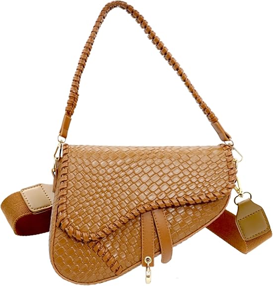 Women’s Saddle Crossbody Bag Woven Croc PU Leather Shoulder Satchel Black