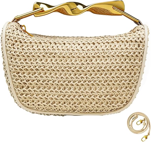 Women’s Mini Straw Crossbody Bag Woven Summer Satchel with Dual Straps Coffee