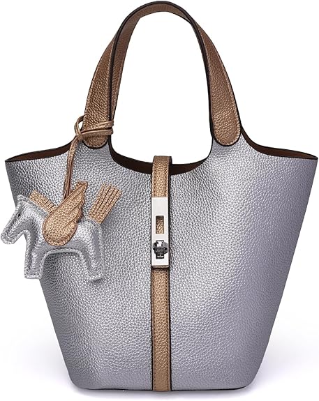 Women’s Vegan Leather Bucket Bag Top Handle Shoulder Tote with Pouch Khaki