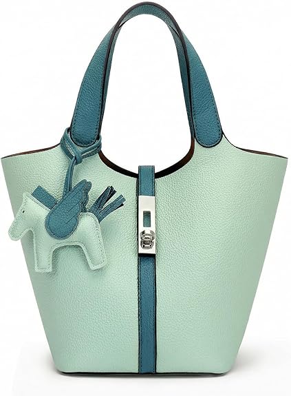 Women’s Vegan Leather Bucket Bag Top Handle Shoulder Tote with Pouch Khaki