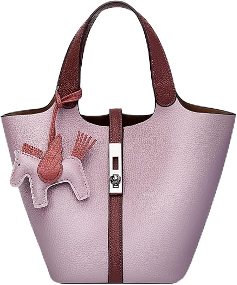 Women’s Vegan Leather Bucket Bag Top Handle Shoulder Tote with Pouch Khaki