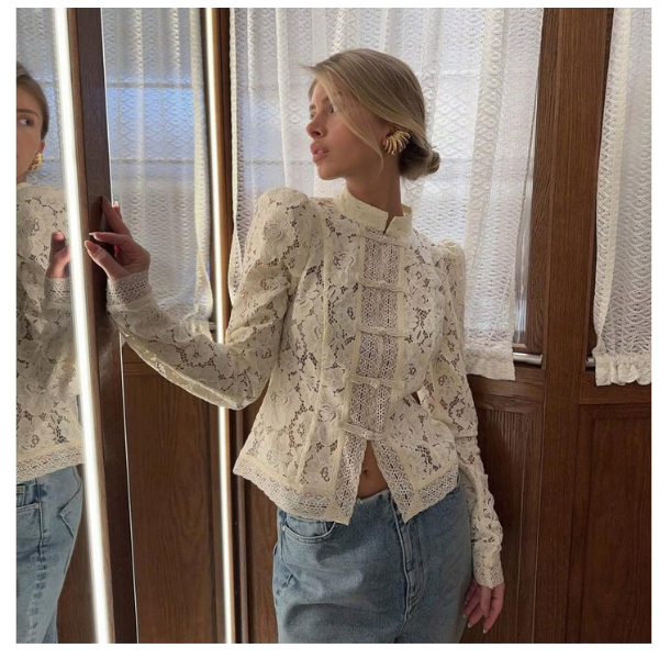 Women’s Lace Split Blouse Long Sleeve Elegant Sheer Floral Top Slim Fit spring 2026 collection