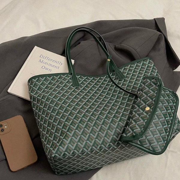 2pcs/Set Large Capacity Patchwork Tote Bags – Green Geometric Design, Ideal for Travel, Shopping, and Daily Use spring 2026 collection