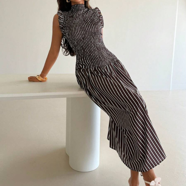 Women’s Coffee Striped Sleeveless A-Line Maxi Dress