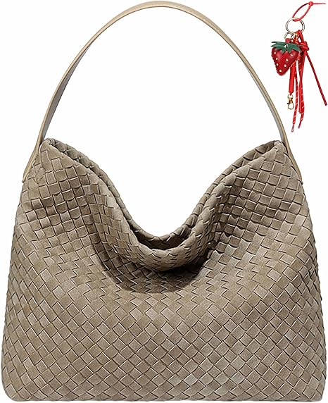 Women’s Woven Suede Hobo Shoulder Bag Slouchy Tote Crossbody Brown