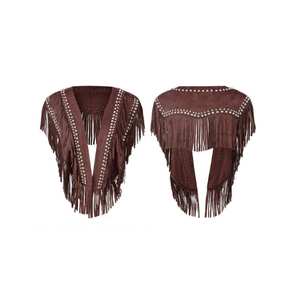 Women’s Leather-Studded Suede Knitted Pullover Jacket – 1970s Hippie Style Sleeveless Buttoned Fringed Pullover with Western-Style Collar Design